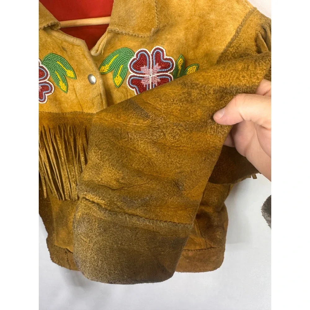 Vintage Buckskin Western Beaded Fringe Jacket Leather Floral Native Crop Women S - Picture 5 of 16